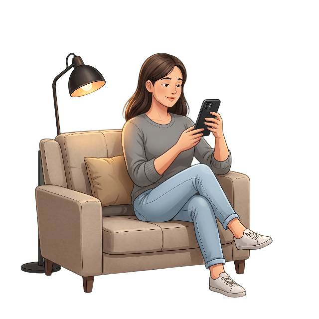 Customer relaxing on a sofa while browsing offers on her phone